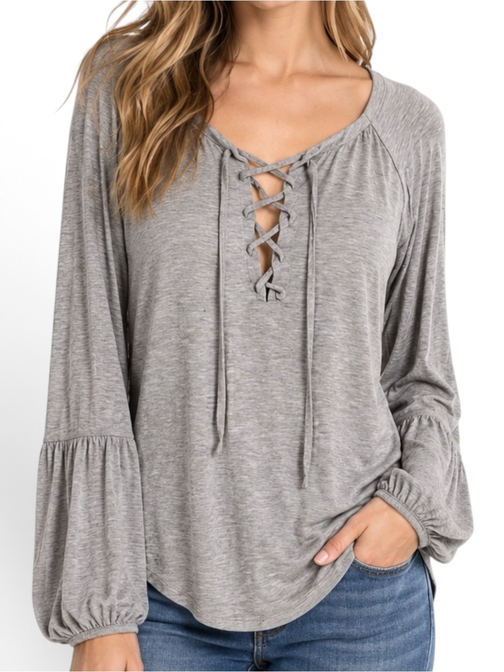 Chaser Womens M Lace Up Bishop Sleeve Raglan Tee Gray Boho Stretch NWT